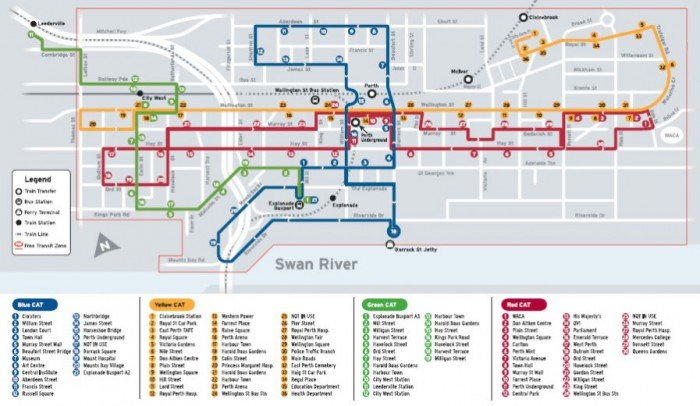 Map of bus lines within the Perth "Free Transit Zone"