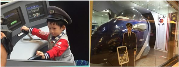 Left: A child trying the Shinkansen simulator; RIght: A Korail exhibition (Photos from Channel News Asia)