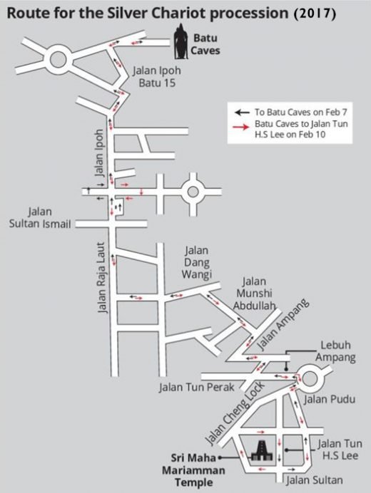 The route for Thaipusam procession in Kuala Lumpur (2017)
